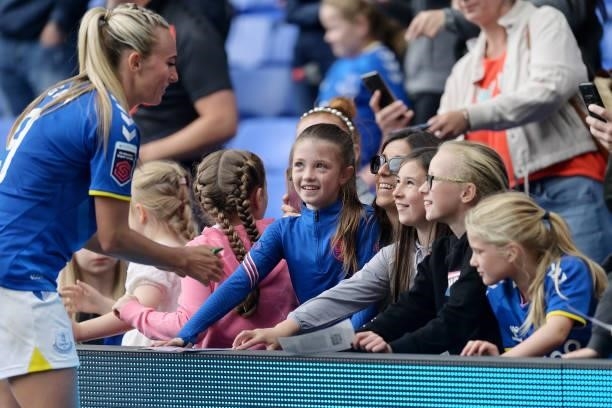 Toni Duggan of Everton Women speaks to fans after the Barclays FA Women's Super League match between Everton Women and Manchester City Women at...