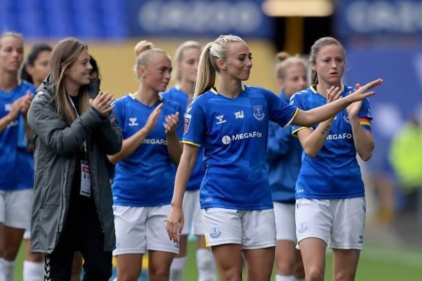 Toni Duggan of Everton Women and team mates show appreciation to the fans after the Barclays FA Women's Super League match between Everton Women and...