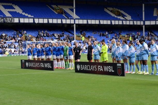 Danielle Turner of Everton Women with team mates and both Everton and Manchester City line up during the Barclays FA Women's Super League match...