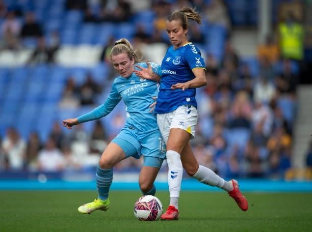 Rickke Sevecke of Everton and Lauren Hemp of Manchester City in action during the Barclays FA Women's Super League match between Everton Women and...