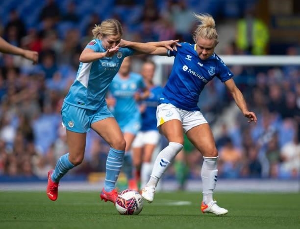 Izzy Christiansen of Everton and Laura Coombs of Manchester City in action during the Barclays FA Women's Super League match between Everton Women...