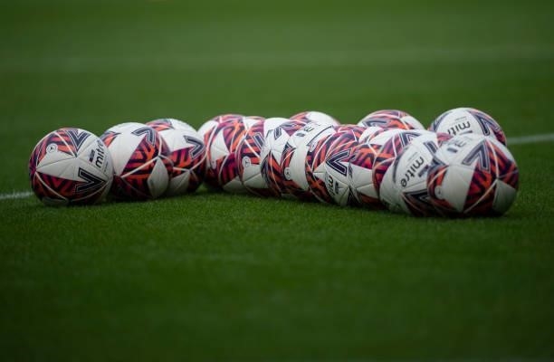 Official Barclays FA Women's Super League 2021/22 season Mitre match balls lined up before the Barclays FA Women's Super League match between Everton...