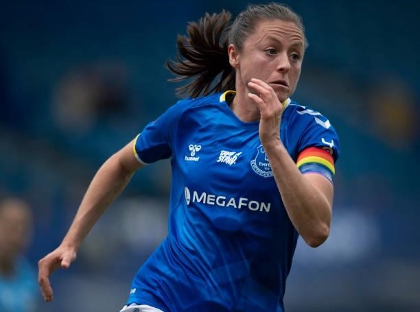 Danielle Turner of Everton wears a rainbow armband in support of LGBTQIA rights during the Barclays FA Women's Super League match between Everton...