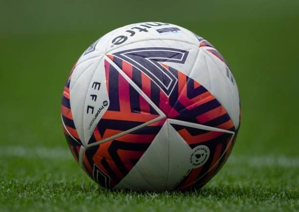 The official Barclays FA Women's Super League 2021/22 season Mitre match ball with EFC written on during the Barclays FA Women's Super League match...
