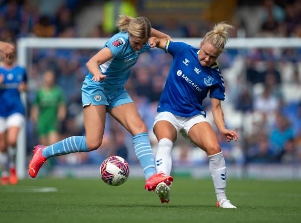 Izzy Christiansen of Everton and Laura Coombs of Manchester City in action during the Barclays FA Women's Super League match between Everton Women...