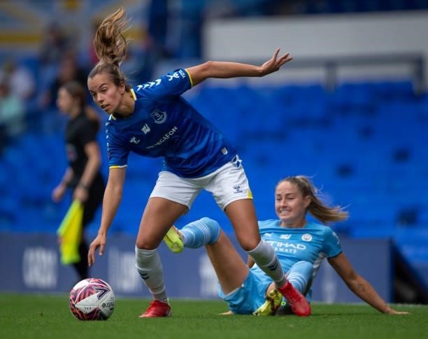 Rikke Sevecke of Everton and Janine Becky of Manchester City during the Barclays FA Women's Super League match between Everton Women and Manchester...