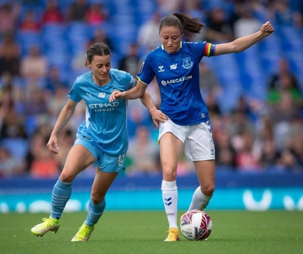 Danielle Turner of Everton and Hayley Raso of Manchester City in action during the Barclays FA Women's Super League match between Everton Women and...