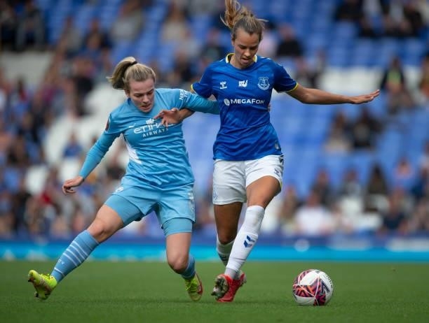 Rickke Sevecke of Everton and Lauren Hemp of Manchester City in action during the Barclays FA Women's Super League match between Everton Women and...
