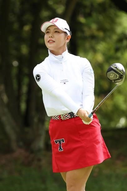 Yuri Yoshida of Japan hits her tee shot on the 2nd hole during the final round of the Golf5 Ladies at Golf5 Country Yokkaichi Course on September 05,...