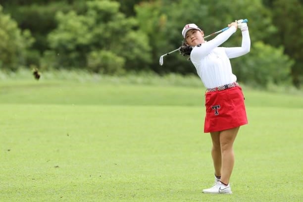 Yuri Yoshida of Japan hits her second shot on the 2nd hole during the final round of the Golf5 Ladies at Golf5 Country Yokkaichi Course on September...