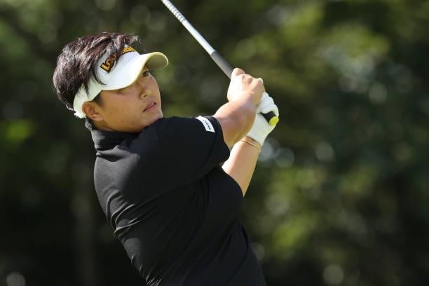 Haruka Kudo of Japan hits her tee shot on the 10th hole during the final round of the Golf5 Ladies at Golf5 Country Yokkaichi Course on September 05,...