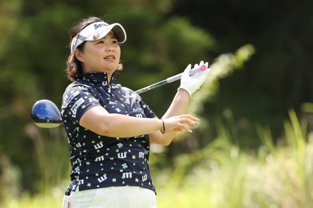 Hiroko Azuma of Japan hits her tee shot on the 2nd hole during the final round of the Golf5 Ladies at Golf5 Country Yokkaichi Course on September 05,...
