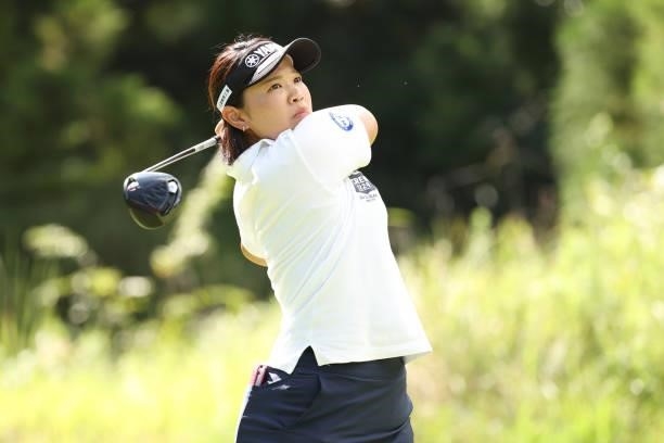 Ayaka Morioka of Japan hits her tee shot on the 2nd hole during the final round of the Golf5 Ladies at Golf5 Country Yokkaichi Course on September...