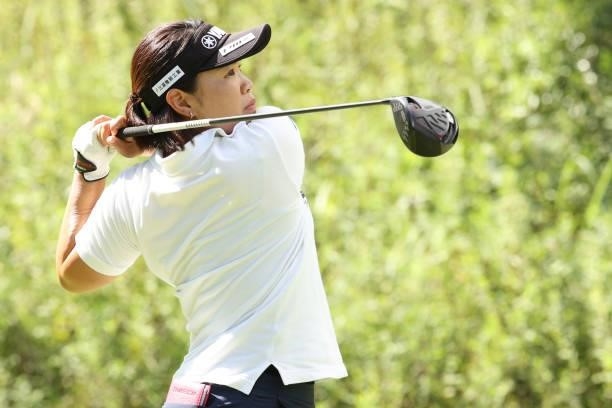 Ayaka Morioka of Japan hits her tee shot on the 2nd hole during the final round of the Golf5 Ladies at Golf5 Country Yokkaichi Course on September...