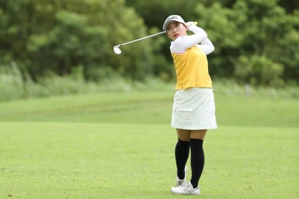 Mizuki Oide of Japan hits her second shot on the 2nd hole during the final round of the Golf5 Ladies at Golf5 Country Yokkaichi Course on September...