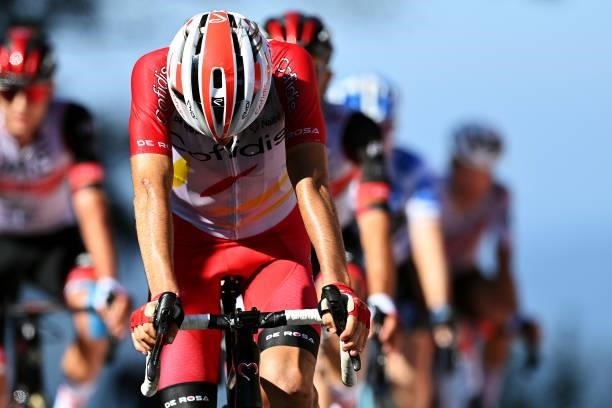 Guillaume Martin of France and Team Cofidis crosses the finishing line during the 76th Tour of Spain 2021, Stage 20 a 202,2km km stage from Sanxenxo...