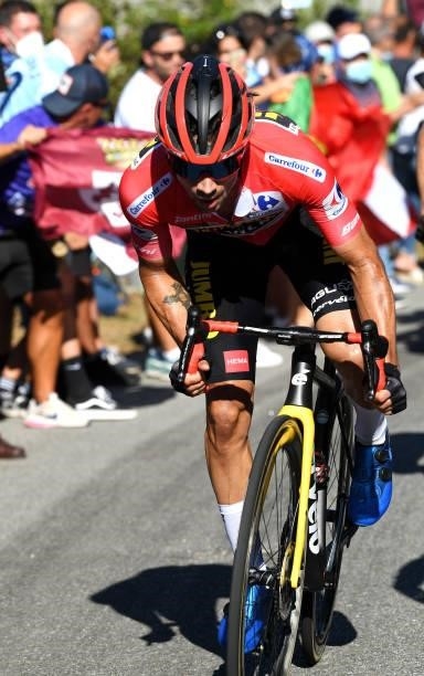 Primoz Roglic of Slovenia and Team Jumbo - Visma red leader jersey attacks in the breakaway during the 76th Tour of Spain 2021, Stage 20 a 202,2km km...