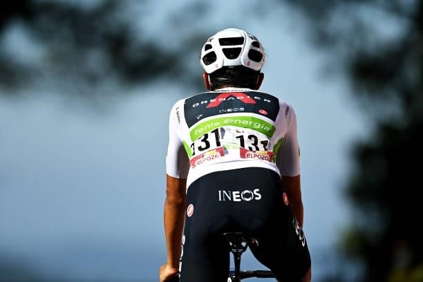 Detailed view of Egan Arley Bernal Gomez of Colombia and Team INEOS Grenadiers white best young jersey after the 76th Tour of Spain 2021, Stage 20 a...