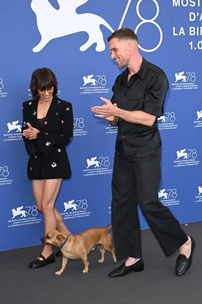 Director Ana Lily Amirpour, her dog and Ed Skrein attend the photocall of "Mona Lisa And The Blood Moon