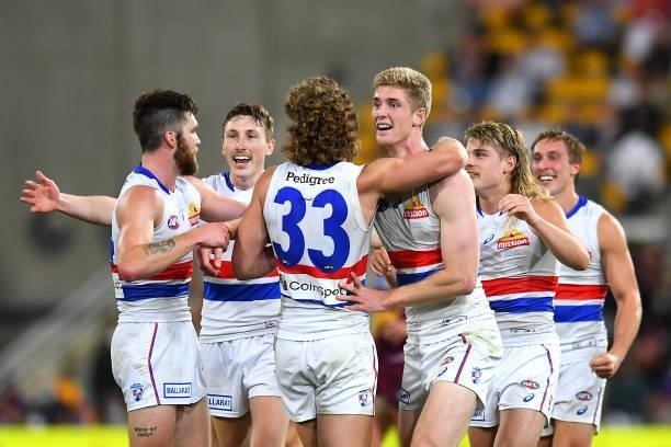 Tim English of the Bulldogs celebrates victory during the AFL 1st Semi Final match between the Brisbane Lions and the Western Bulldogs at The Gabba...