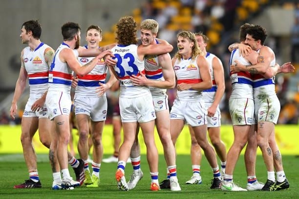 Tim English of the Bulldogs celebrates victory during the AFL 1st Semi Final match between the Brisbane Lions and the Western Bulldogs at The Gabba...
