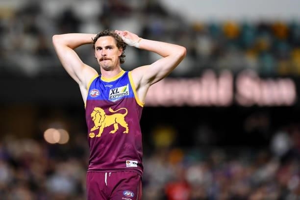Joe Daniher of the Lions reacts during the AFL 1st Semi Final match between the Brisbane Lions and the Western Bulldogs at The Gabba on September 04,...