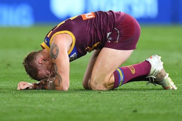 Mitch Robinson of the Lions reacts during the AFL 1st Semi Final match between the Brisbane Lions and the Western Bulldogs at The Gabba on September...