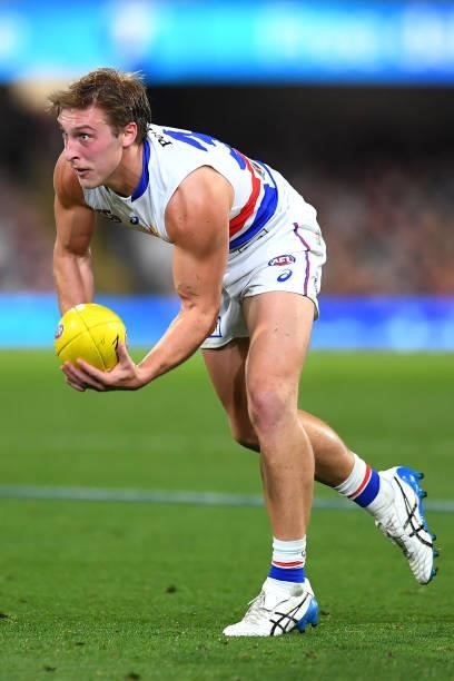 Roarke Smith of the Bulldogs in action during the AFL 1st Semi Final match between the Brisbane Lions and the Western Bulldogs at The Gabba on...