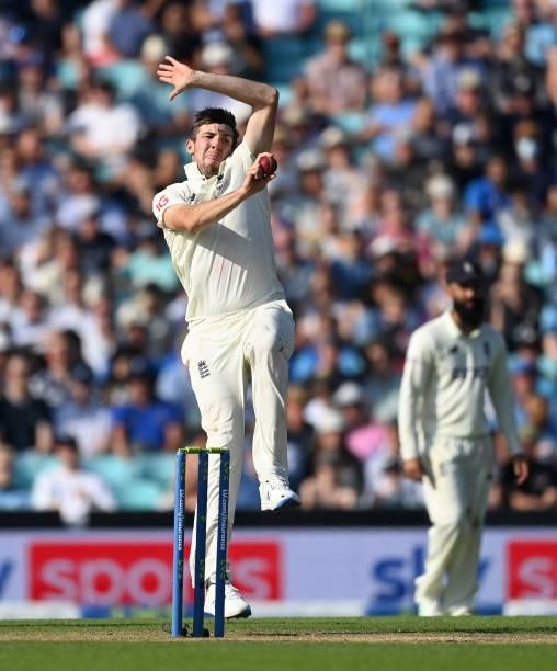 Craig Overton of England bowls during day four of the Fourth LV= Insurance Test Match between England and India at The Kia Oval on September 05, 2021...
