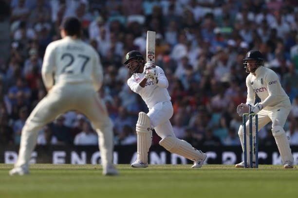 Umesh Yadav of India bats during day four of the LV= Insurance test match between England and India at The Kia Oval on September 05, 2021 in London,...