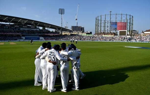 Indian fielders huddle before taking to the field during day four of the Fourth LV= Insurance Test Match between England and India at The Kia Oval on...