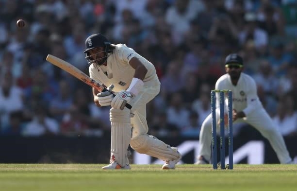 Haseeb Hameed of England bats during day four of the LV= Insurance test match between England and India at The Kia Oval on September 05, 2021 in...