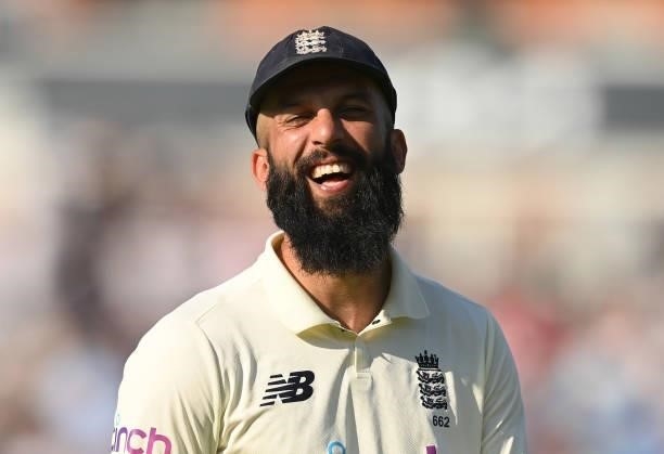 Moeen Ali of England laughs during the fourth day of the 4th LV= Test Match between England and India at The Kia Oval on September 05, 2021 in...