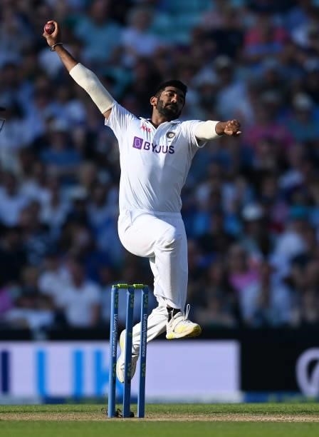 Jasprit Bumrah of India bowls during day four of the Fourth LV= Insurance Test Match between England and India at The Kia Oval on September 05, 2021...