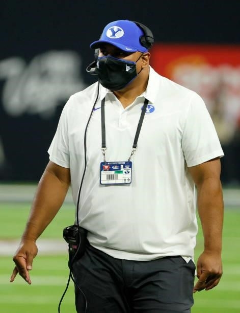 Head coach Kalani Sitake of the Brigham Young Cougars looks on during the Good Sam Vegas Kickoff Classic against the Arizona Wildcats at Allegiant...