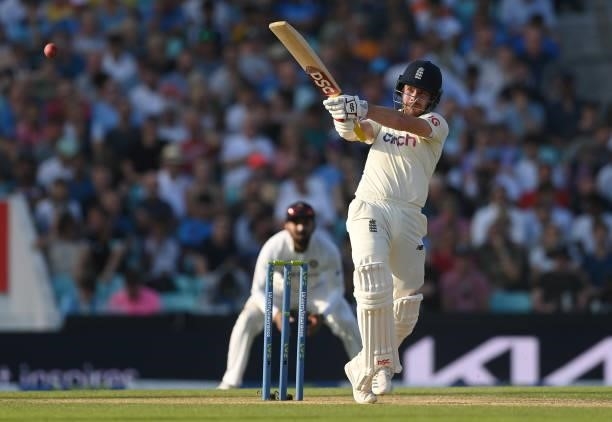 Rory Burns of England hits a four during the fourth day of the 4th LV= Test Match between England and India at The Kia Oval on September 05, 2021 in...