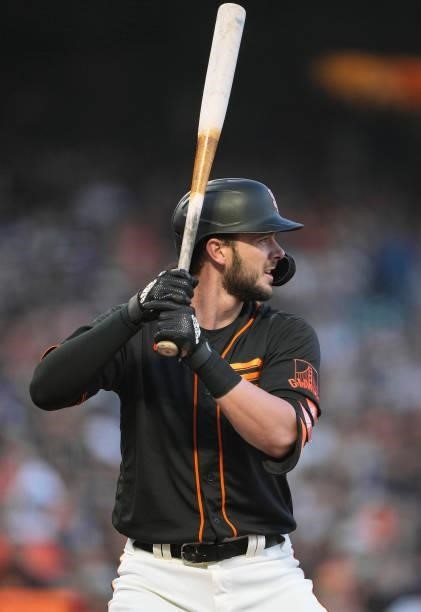Kris Bryant of the San Francisco Giants bats against the Los Angeles Dodgers in the top of the third inning at Oracle Park on September 04, 2021 in...