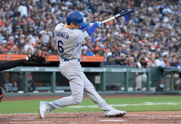 Trea Turner of the Los Angeles Dodgers bats against the San Francisco Giants in the top of the second inning at Oracle Park on September 04, 2021 in...