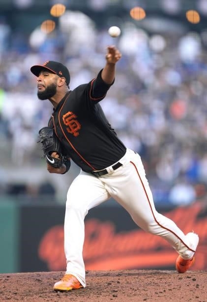 Jarlin Garcia of the San Francisco Giants pitches against the Los Angeles Dodgers in the top of the second inning at Oracle Park on September 04,...