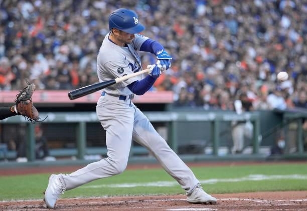 Trea Turner of the Los Angeles Dodgers bats against the San Francisco Giants in the top of the second inning at Oracle Park on September 04, 2021 in...