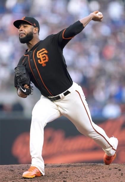 Jarlin Garcia of the San Francisco Giants pitches against the Los Angeles Dodgers in the top of the second inning at Oracle Park on September 04,...