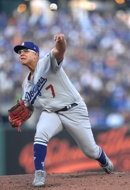 Julio Urias of the Los Angeles Dodgers pitches against the San Francisco Giants in the bottom of the first inning at Oracle Park on September 04,...
