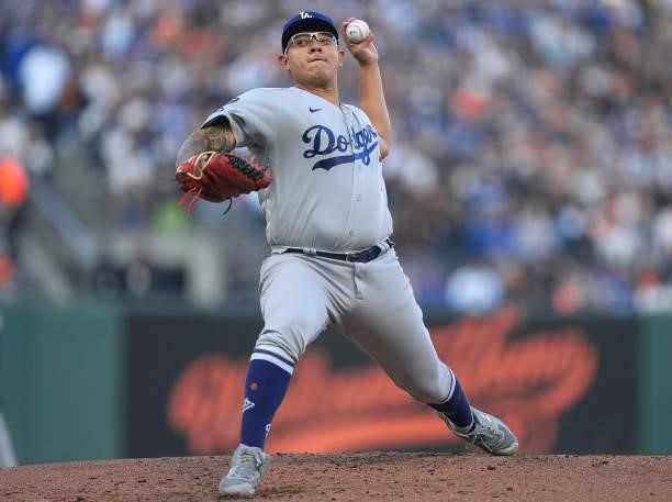 Julio Urias of the Los Angeles Dodgers pitches against the San Francisco Giants in the bottom of the first inning at Oracle Park on September 04,...