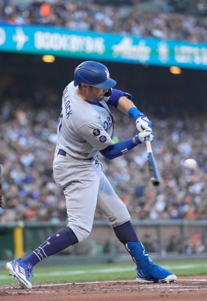 Pollock of the Los Angeles Dodgers hits an RBI double scoring Justin Turner against the San Francisco Giants in the top of the first inning at Oracle...