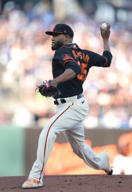 Jay Jackson of the San Francisco Giants pitches against the Los Angeles Dodgers in the top of the first inning at Oracle Park on September 04, 2021...