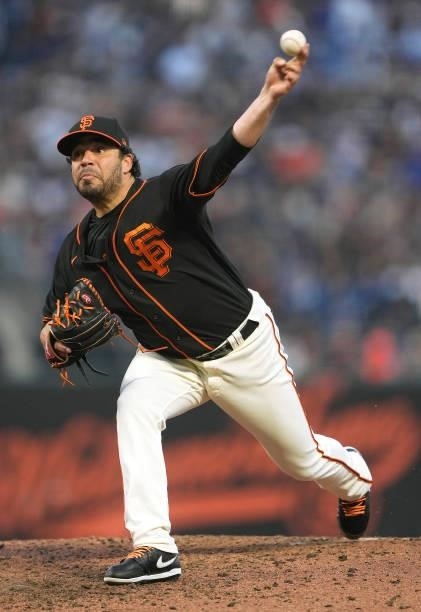 Jose Alvarez of the San Francisco Giants pitches against the Los Angeles Dodgers in the top of the fourth inning at Oracle Park on September 04, 2021...