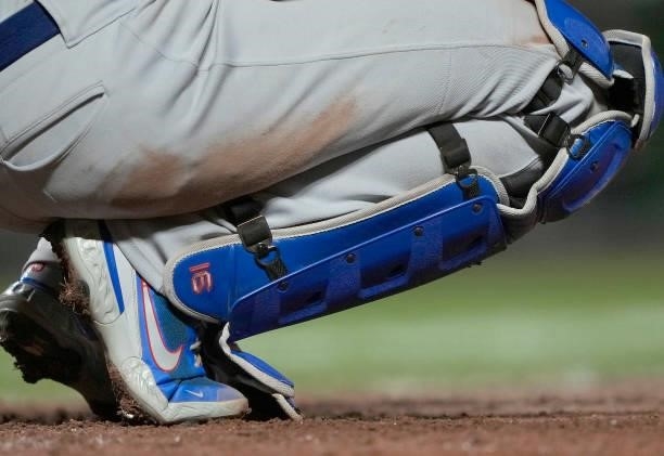 Detailed view of the shin guards worn by Will Smith of the Los Angeles Dodgers against the San Francisco Giants in the bottom of the eighth inning at...