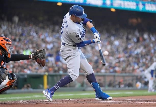 Pollock of the Los Angeles Dodgers bats against the San Francisco Giants in the top of the first inning at Oracle Park on September 04, 2021 in San...