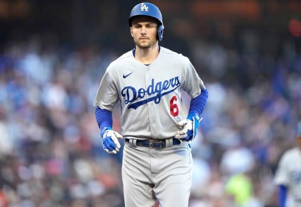 Trea Turner of the Los Angeles Dodgers trots around the bases after hitting a lead off solo home run against the San Francisco Giants in the top of...
