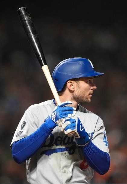 Trea Turner of the Los Angeles Dodgers bats against the San Francisco Giants in the top of the ninth inning at Oracle Park on September 04, 2021 in...